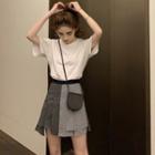 Set: Short Sleeve Plain T-shirt + Asymmetric Hem A-line Skirt