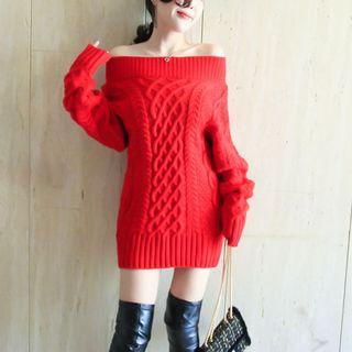 Off-shoulder Long-sleeve Chunky Knit Dress Red - One Size
