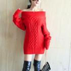 Off-shoulder Long-sleeve Chunky Knit Dress Red - One Size
