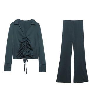 Long-sleeve Drawstring Blouse / Flared Pants