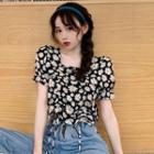 Short-sleeve Floral Drawcord Top