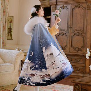 Gradient Crane Furry Trim Hooded Cape Fleece Lining - Blue - One Size