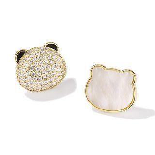 Rhinestone Stud Earring 1 Pair - Silver Needle - Bear - Milky White - One Size