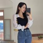 Flared-cuff Knit-panel Blouse
