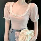Lace Panel Cropped Knit Top Pink - One Size
