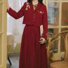 Floral Embroidered Cropped Blazer / Long-sleeve Blouse / Midi Pleated Skirt / Bow / Set