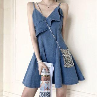 Asymmetric Spaghetti Strap Ruffle Denim Dress