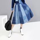 Color Block High-waist Midi A-line Skirt Blue - One Size