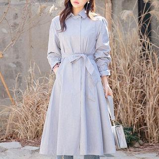Hidden-button Long Trench Coat With Sash