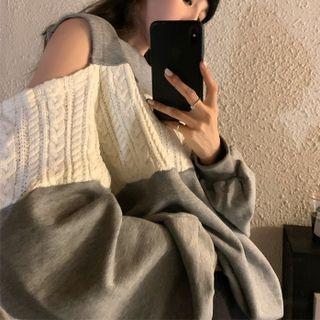 Cold-shoulder Cable Knit Panel Sweatshirt