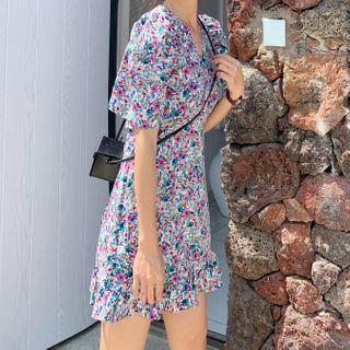 Short-sleeve Floral Print Frill Trim Mini Sheath Dress