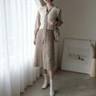 Set: Button-side Vest + Tie-neck Floral Long Dress Light Beige - One Size