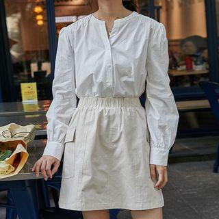 Plain Long-sleeve Blouse White - One Size