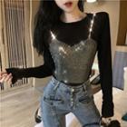 Rhinestone Long-sleeve T-shirt Black - One Size