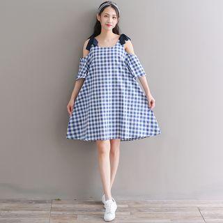 Elbow-sleeve Off Shoulder Plaid A-line Dress