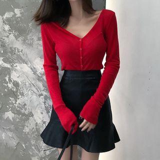 V-neck Flared-cuff Top / Faux Leather A-line Skirt