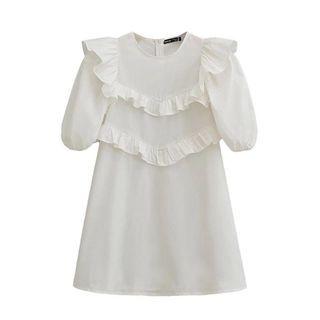 Short-sleeve Crew Neck Ruffle-trim Mini A-line Dress