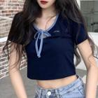 Short-sleeve Bow Detail Cropped T-shirt Navy Blue - One Size
