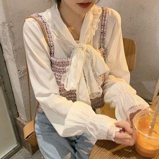 Long-sleeve Ribbon Blouse / Spaghetti Strap Tweed Top