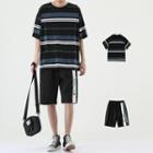 Set: Striped Elbow-sleeve T-shirt + Lettering Shorts