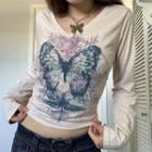Butterfly Print V-neck Cropped Long-sleeve T-shirt