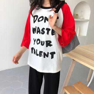 3/4-sleeve Color Block Lettering T-shirt Red - One Size