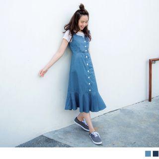 Single-breasted Ruffle Hem Sleeveless Denim Dress