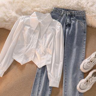Pointed Collar Crop Shirt / Washed Jeans