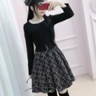 Mock Two-piece Long-sleeve Tweed A-line Mini Dress