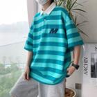 Elbow-sleeve Collar Striped Letter Embroidered T-shirt