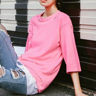 Distressed 3/4-sleeve T-shirt