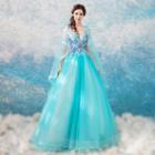 Elbow-sleeve Floral A-line Evening Gown