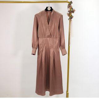 V-neck Long-sleeve Silky Midi A-line Dress