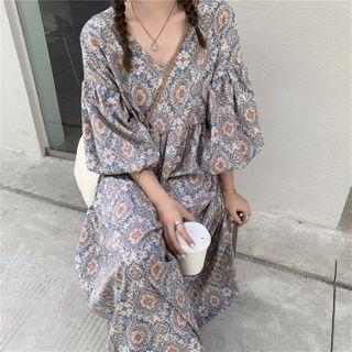 Puff-sleeve Patterned A-line Maxi Dress