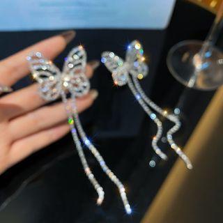 Rhinestone Butterfly Chain Drop Earring 1 Pair - Silver Needle - Silver - One Size