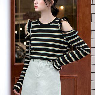 Striped Cold Shoulder Long-sleeve T-shirt Stripes - Black - One Size