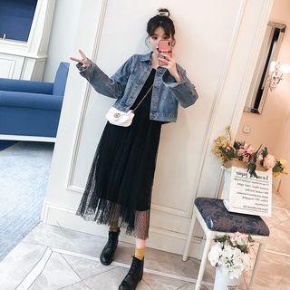 Pocket Detail Denim Jacket / Mesh Sleeveless Midi Dress / Set