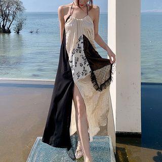 Halter Floral Panel Maxi A-line Dress
