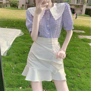 Set: Short-sleeve Collared Top + Mermaid Mini Skirt