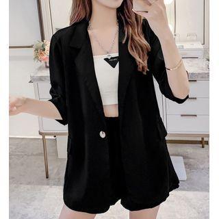 Set: Short-sleeve Plain Blazer + High-waist Plain Shorts