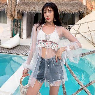 Balloon-sleeve Open Front Mesh Jacket White - One Size