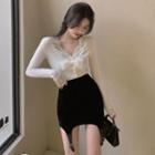 Set: Lace-trim Top + Velet Skirt