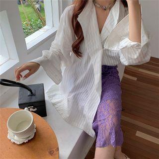 Striped Loose-fit Sheer Light Shirt / Lace Midi Skirt
