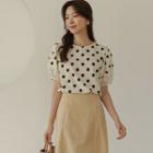 Puff-sleeve Lace-trim Dotted Top