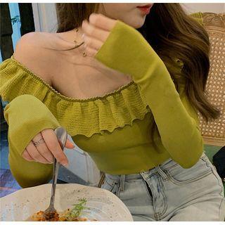 Off-shoulder Ruffled Knit Top Green - One Size