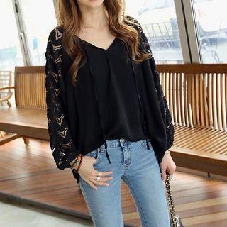 Lace-panel Loose-fit Blouse Black - One Size