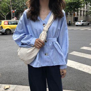 Lantern-sleeve Striped Blouse / Wide Leg Pants