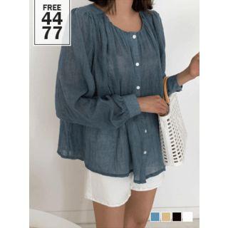Tie-waist Shirred Sheer Blouse