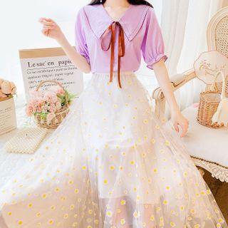 Collared Elbow-sleeve Blouse / Maxi A-line Mesh Skirt / Set