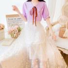 Collared Elbow-sleeve Blouse / Maxi A-line Mesh Skirt / Set
